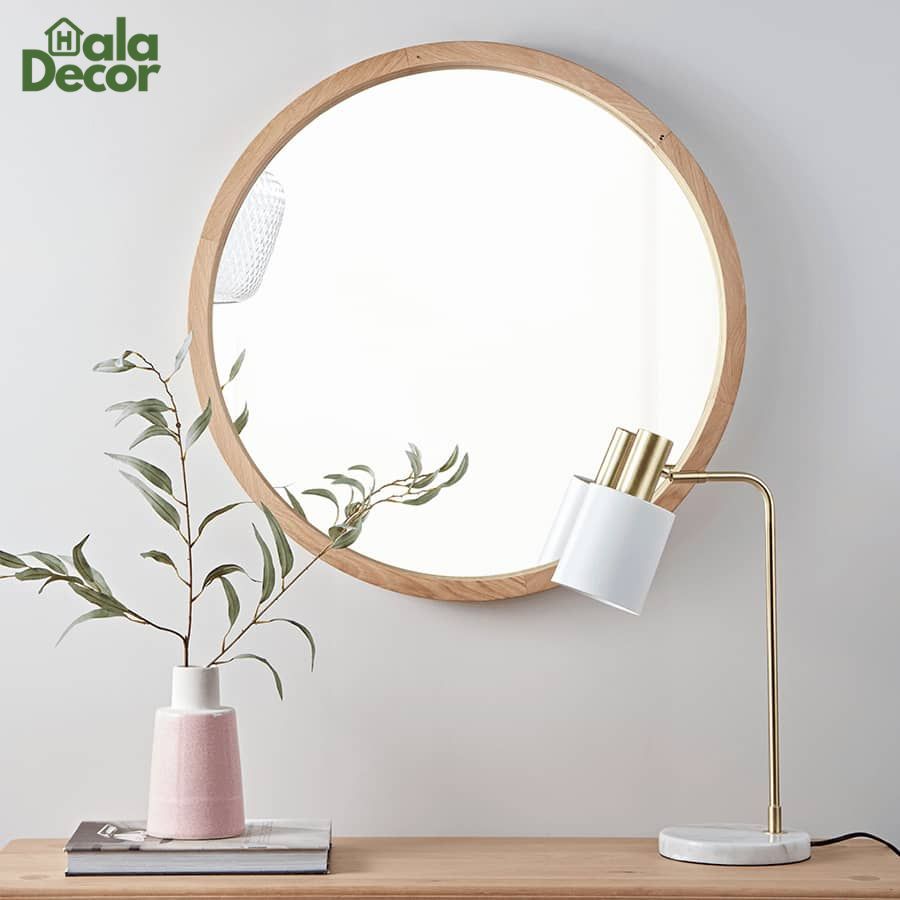 gương tròn khung gỗ dán tường